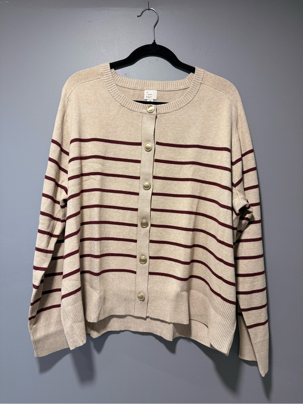 a new day Beige Crewneck Cardigan with Burgundy Stripes